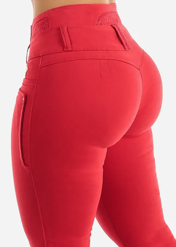 MX JEANS Embroidered Back Butt Lift Red Skinny Jeans sold by Moda