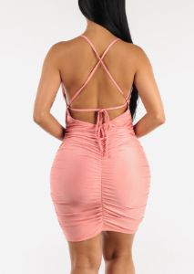 Ruched Cowl Neck Bodycon Mini Dress Pink sold by Moda