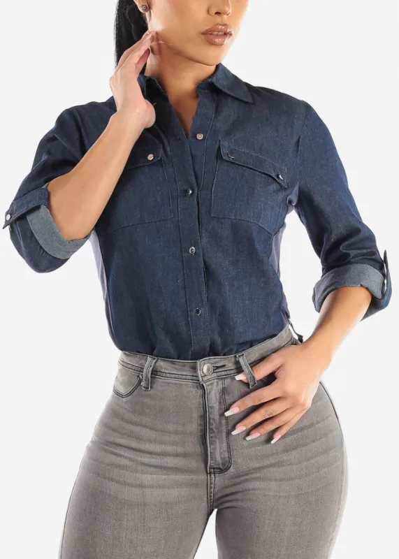 Quarter Sleeve Button Down Denim Shirt Dark Blue sold by Moda