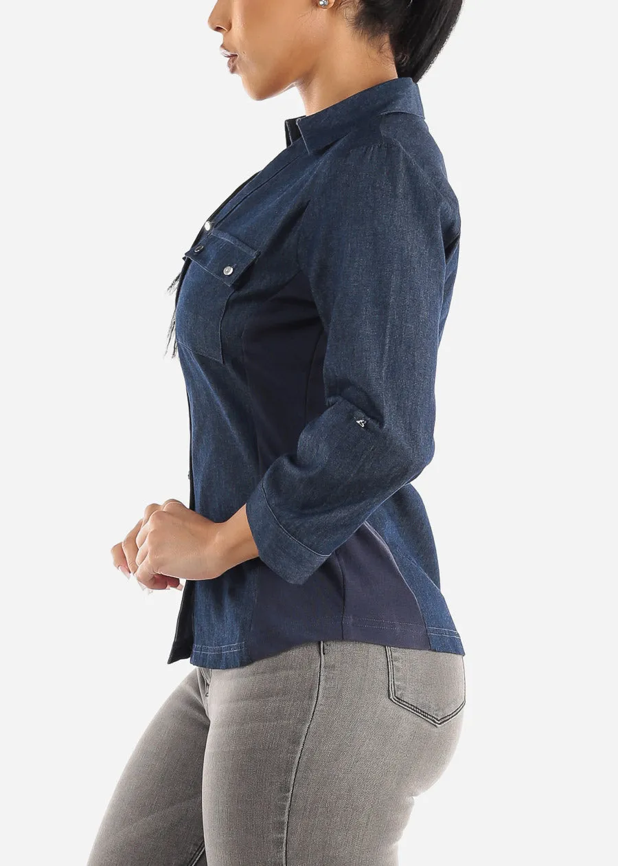 Quarter Sleeve Button Down Denim Shirt Dark Blue sold by Moda product image thumbnail 4