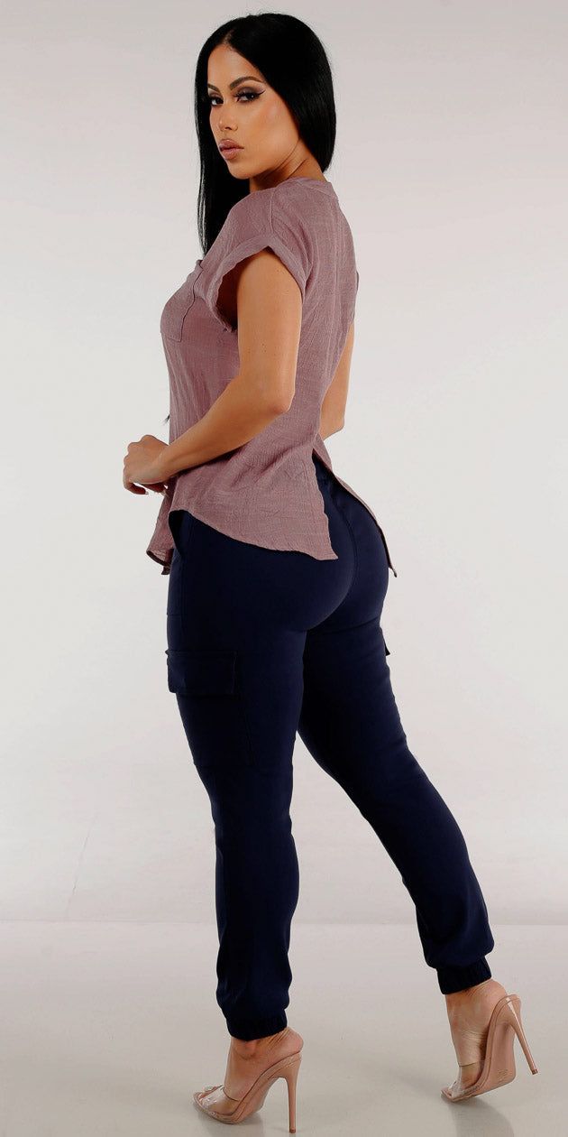 Navy Hyper Stretch Cargo Joggers with Button Up Short Sleeve Mauve Shirt sold by Moda product image thumbnail 2