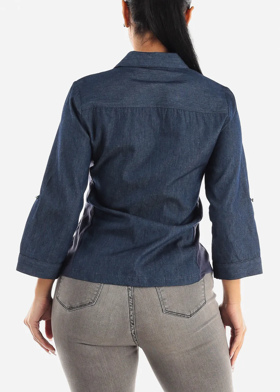 Quarter Sleeve Button Down Denim Shirt Dark Blue sold by Moda product image thumbnail 5