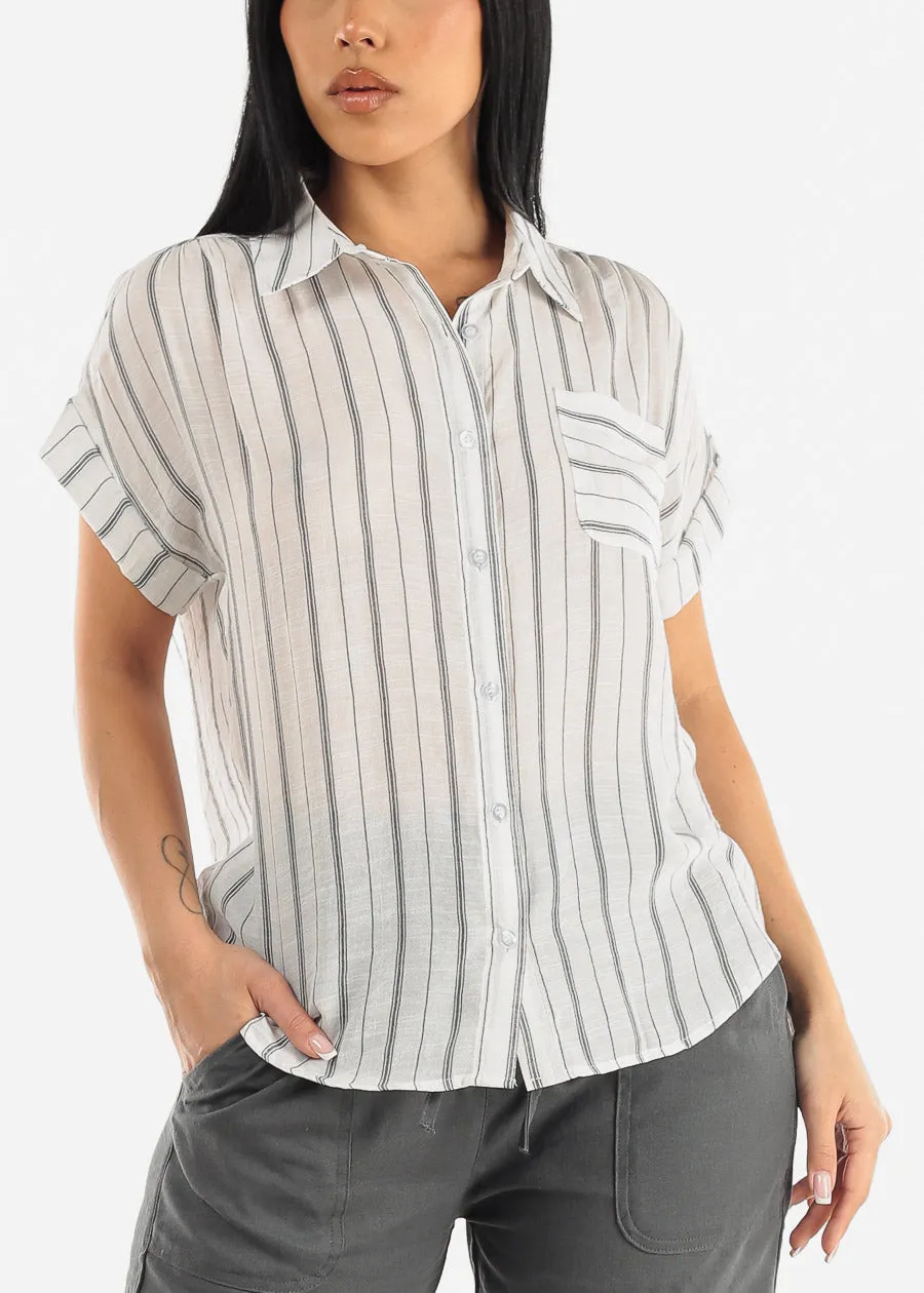 Short Sleeve Button Up Stripe Shirt White & Black sold by Moda