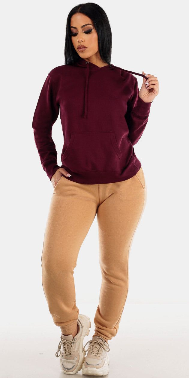 Beige Drawstring Waist Fleece Jogger Sweatpants with Purple Fleece Pullover Hoodie sold by Moda