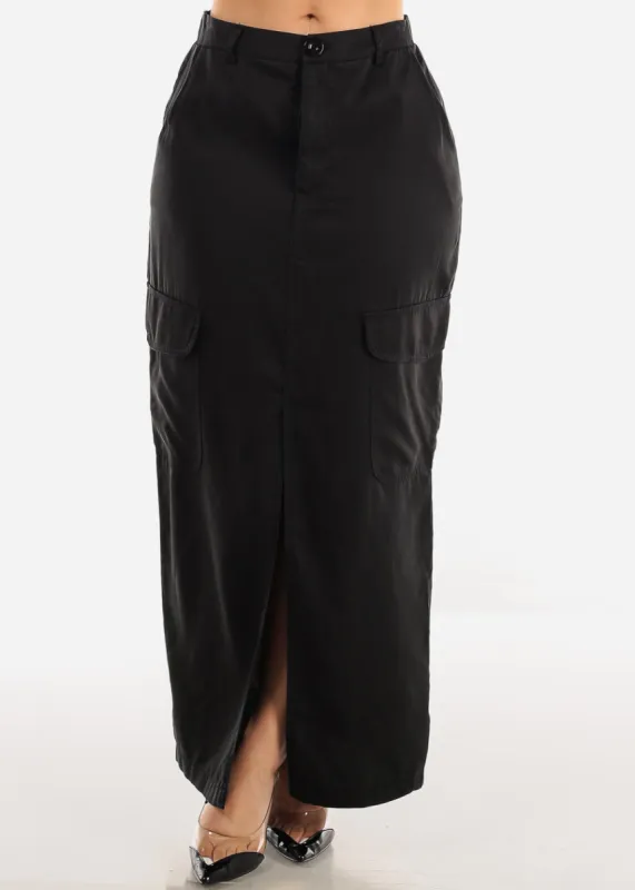 High Waist Black Cargo Maxi Skirt w Slit sold by Moda