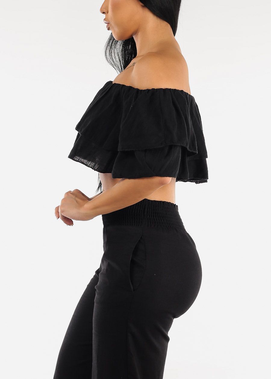 Off Shoulder Black Cotton Ruffled Crop Top sold by Moda product image thumbnail 3