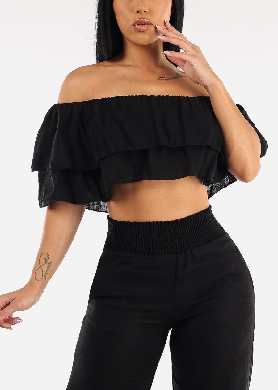 Off Shoulder Black Cotton Ruffled Crop Top sold by Moda