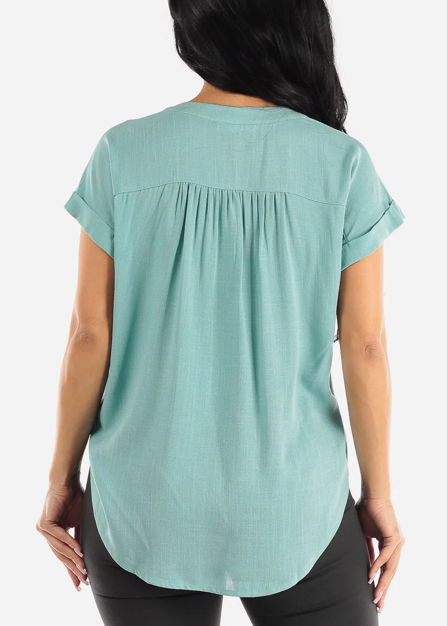 Short Sleeve Round Hem Button Up Woven Blouse Mint sold by Moda product image thumbnail 4