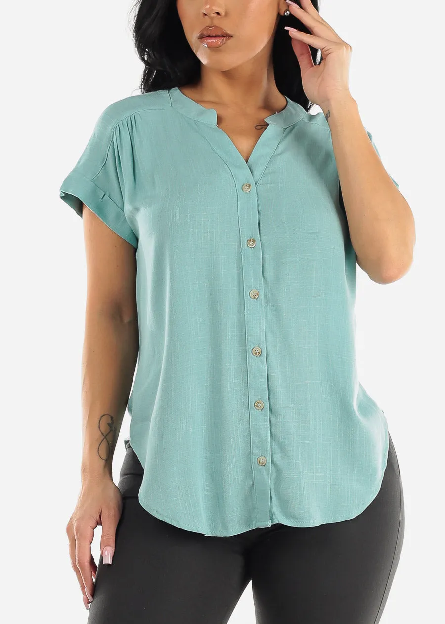 Short Sleeve Round Hem Button Up Woven Blouse Mint sold by Moda