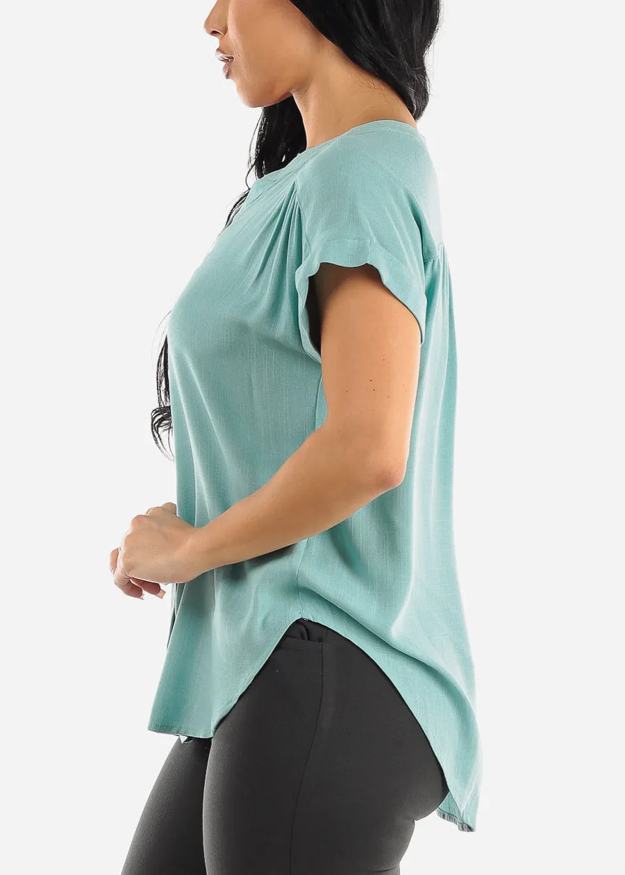 Short Sleeve Round Hem Button Up Woven Blouse Mint sold by Moda product image thumbnail 3
