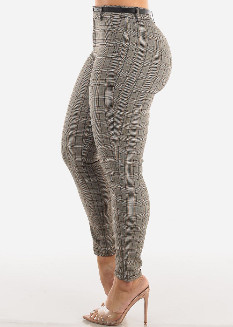 High Waisted Checkered Belted Skinny Pants Brown sold by Moda product image thumbnail 3