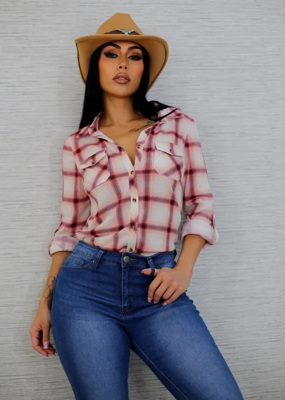 Long Sleeve Button Up Plaid Shirt Blush & Burgundy sold by Moda