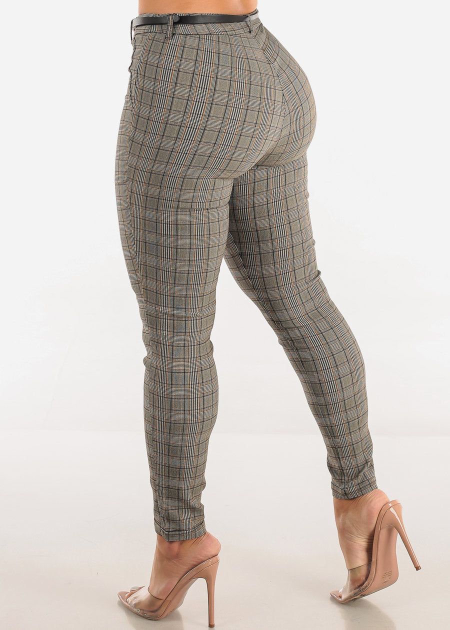 High Waisted Checkered Belted Skinny Pants Brown sold by Moda product image thumbnail 4