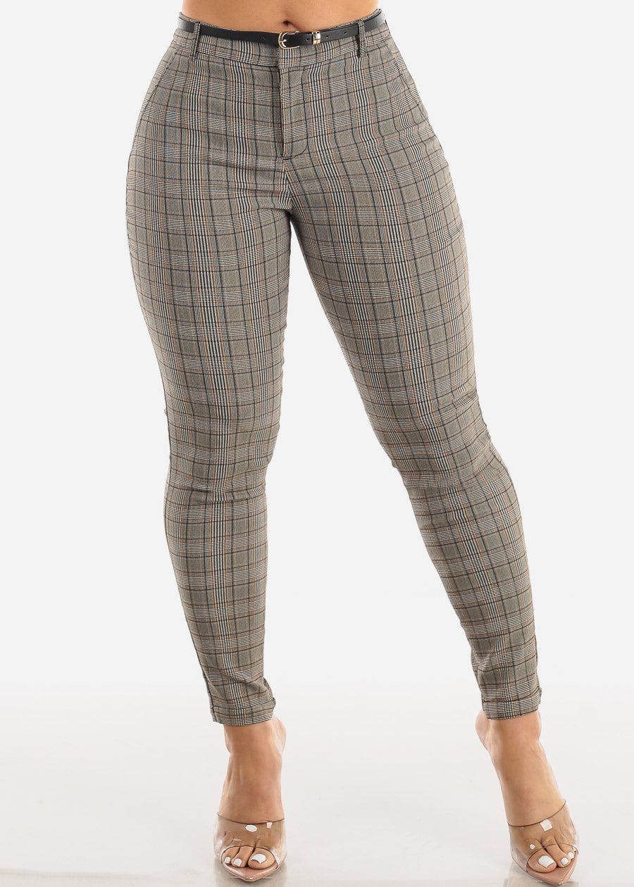 High Waisted Checkered Belted Skinny Pants Brown sold by Moda