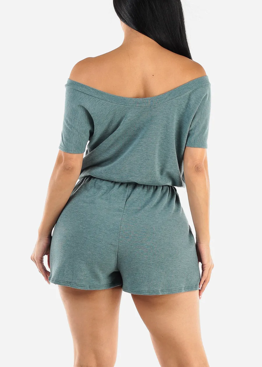 Off Shoulder Casual Romper Heather Teal w Pockets sold by Moda product image thumbnail 4