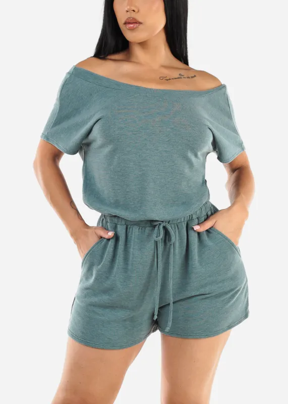 Off Shoulder Casual Romper Heather Teal w Pockets sold by Moda