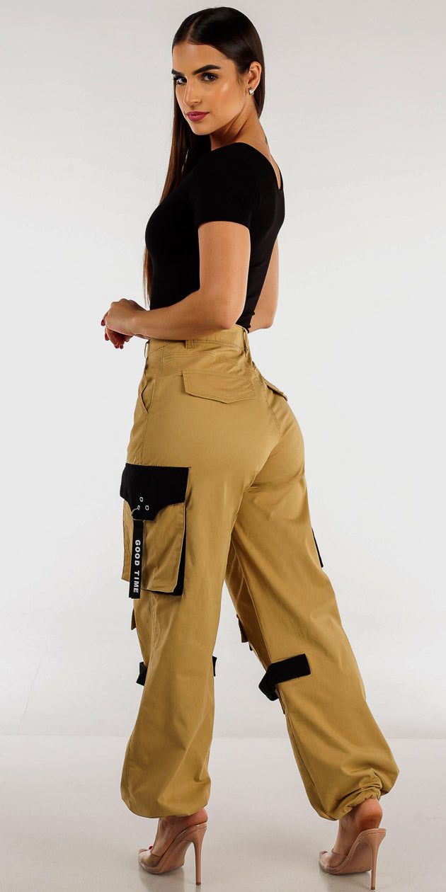Khaki High Waist Cargo Parachute Joggers with Black Short Sleeve Ribbed Bodysuit sold by Moda product image thumbnail 2