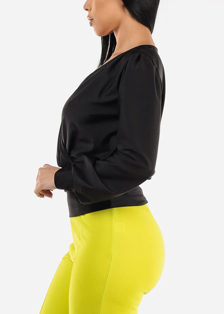 Black Long Sleeve Surplice Satin Blouse sold by Moda product image thumbnail 3