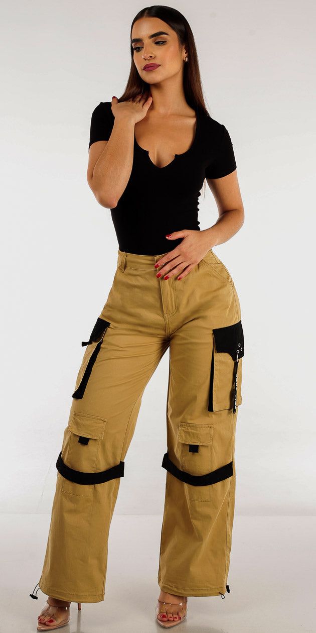 Khaki High Waist Cargo Parachute Joggers with Black Short Sleeve Ribbed Bodysuit sold by Moda