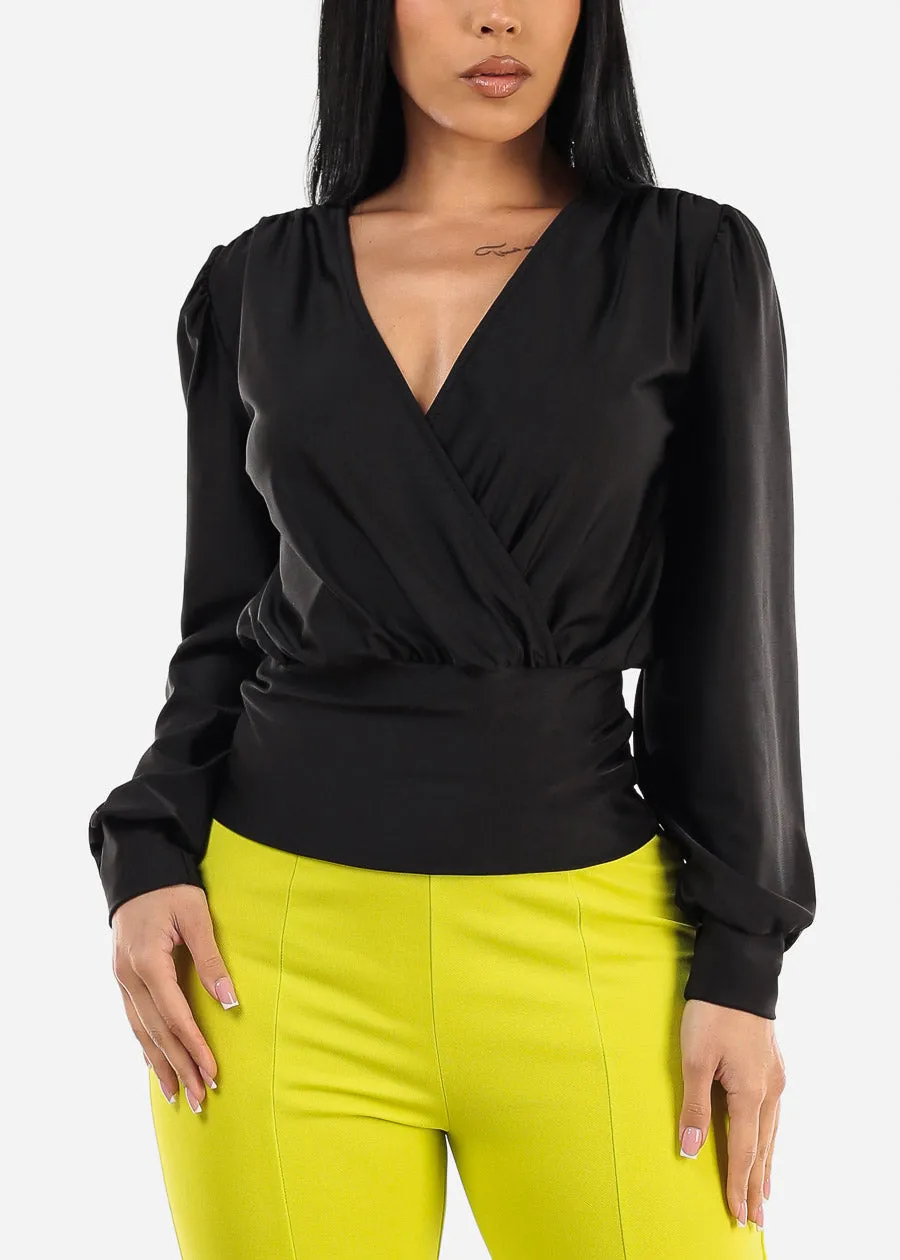 Black Long Sleeve Surplice Satin Blouse sold by Moda