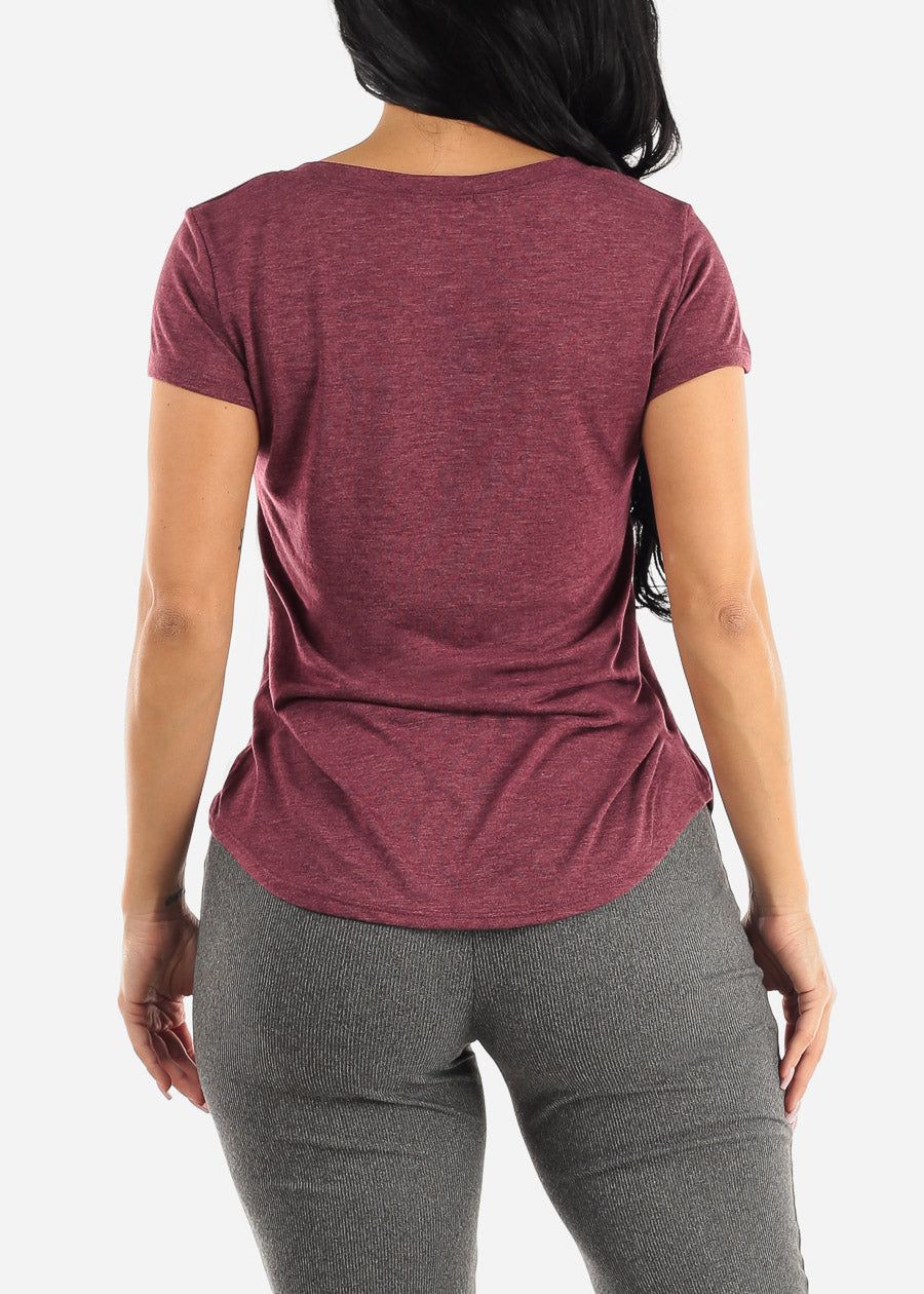 Short Sleeve Round Hem Vneck Top Heather Burgundy sold by Moda product image thumbnail 4