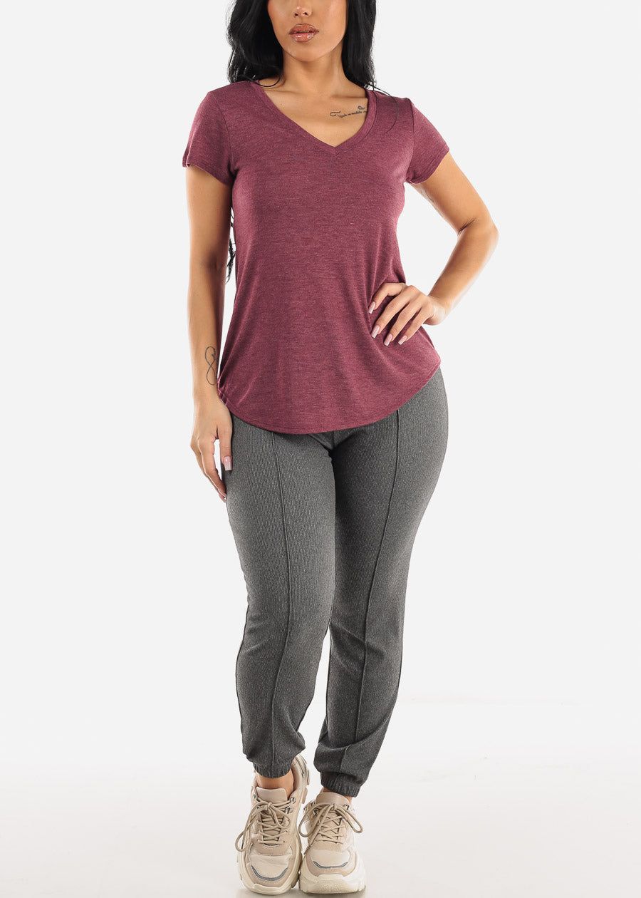 Short Sleeve Round Hem Vneck Top Heather Burgundy sold by Moda product image thumbnail 2