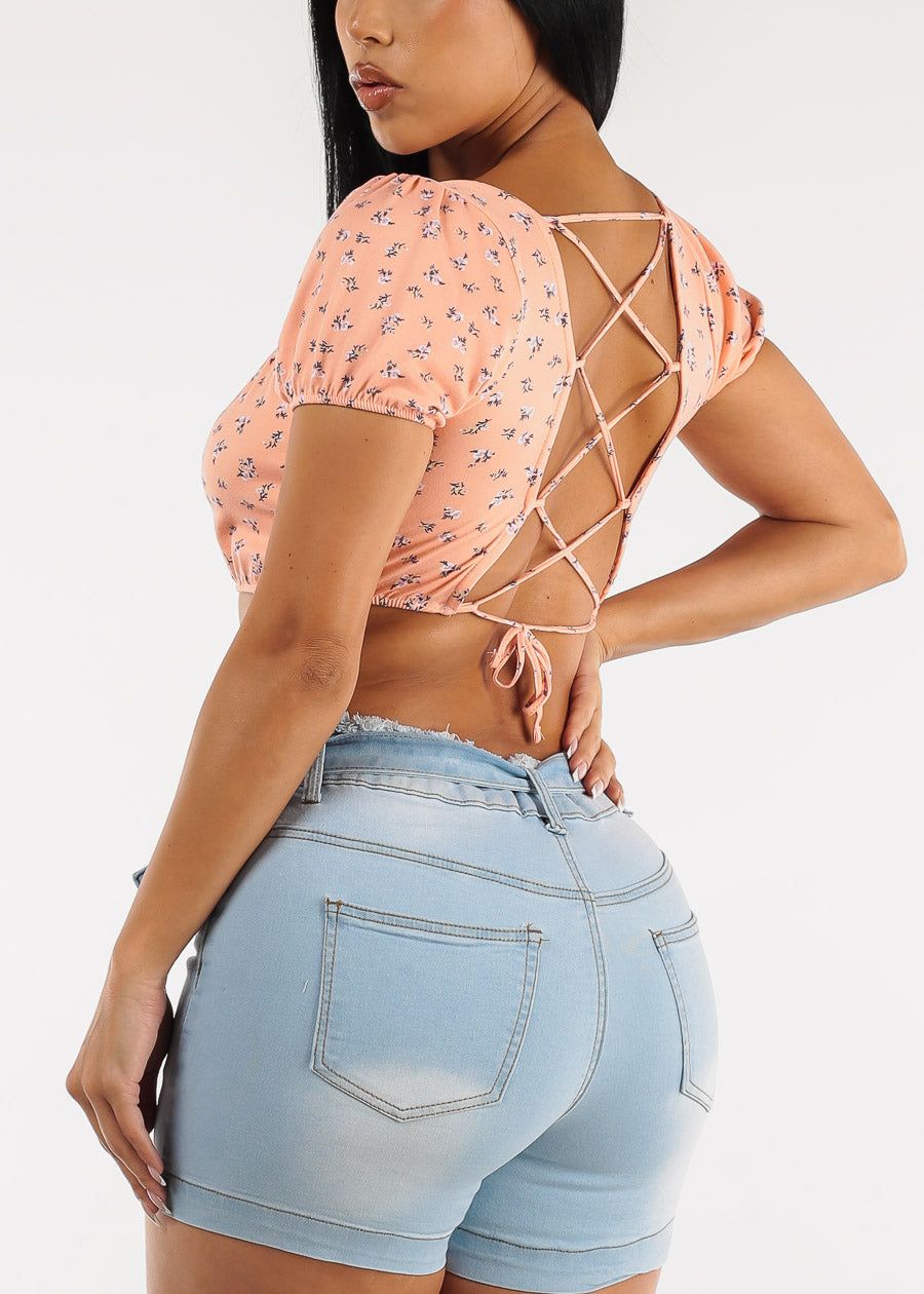 Short Puff Sleeve Lace Up Back Floral Crop Top Coral sold by Moda product image thumbnail 2