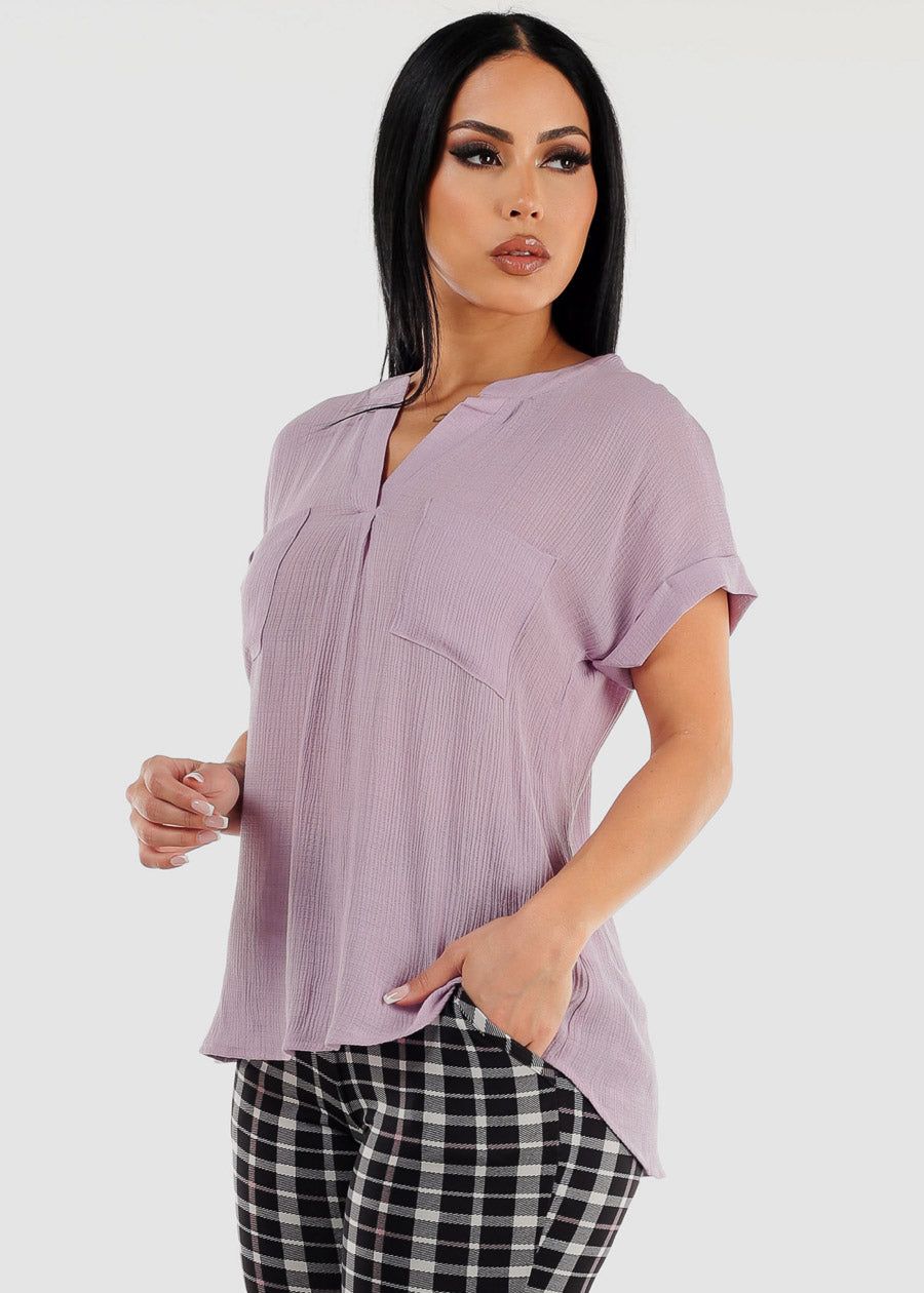 Gauze Cap Sleeve Lavender Shirt w Back Buttons sold by Moda
