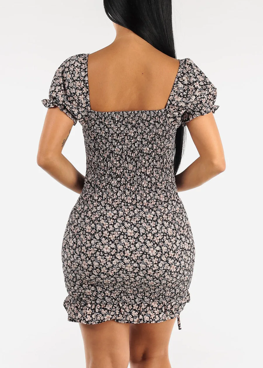 Short Sleeve Black Floral Ruched Bodycon Mini Dress sold by Moda product image thumbnail 4