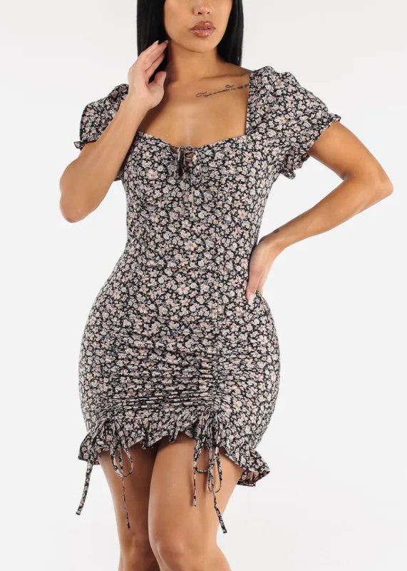 Short Sleeve Black Floral Ruched Bodycon Mini Dress sold by Moda