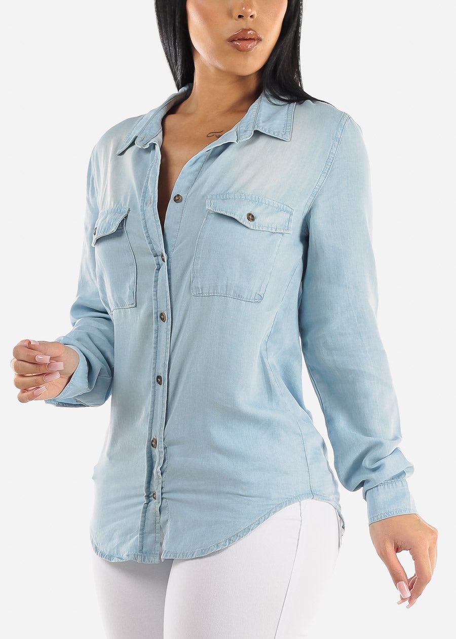 Button Down Long Sleeve Denim Shirt Light Blue sold by Moda