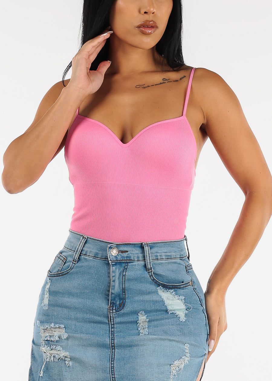 Spaghetti Strap Padded Bust Seamless Crop Top Pink sold by Moda