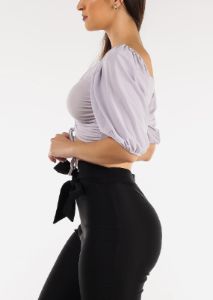 Elbow Sleeve Ruched Front Crop Top Light Purple sold by Moda