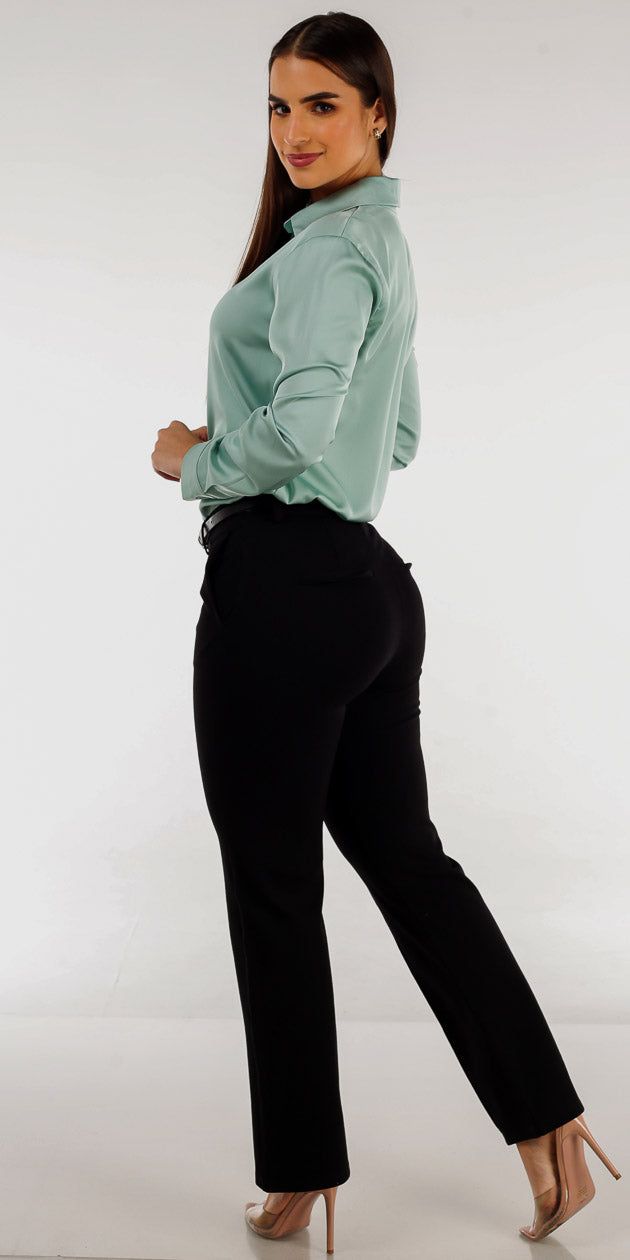 Belted Black Straight Leg Dress Pants with Sage Button Up Long Sleeve Satin Shirt sold by Moda product image thumbnail 2