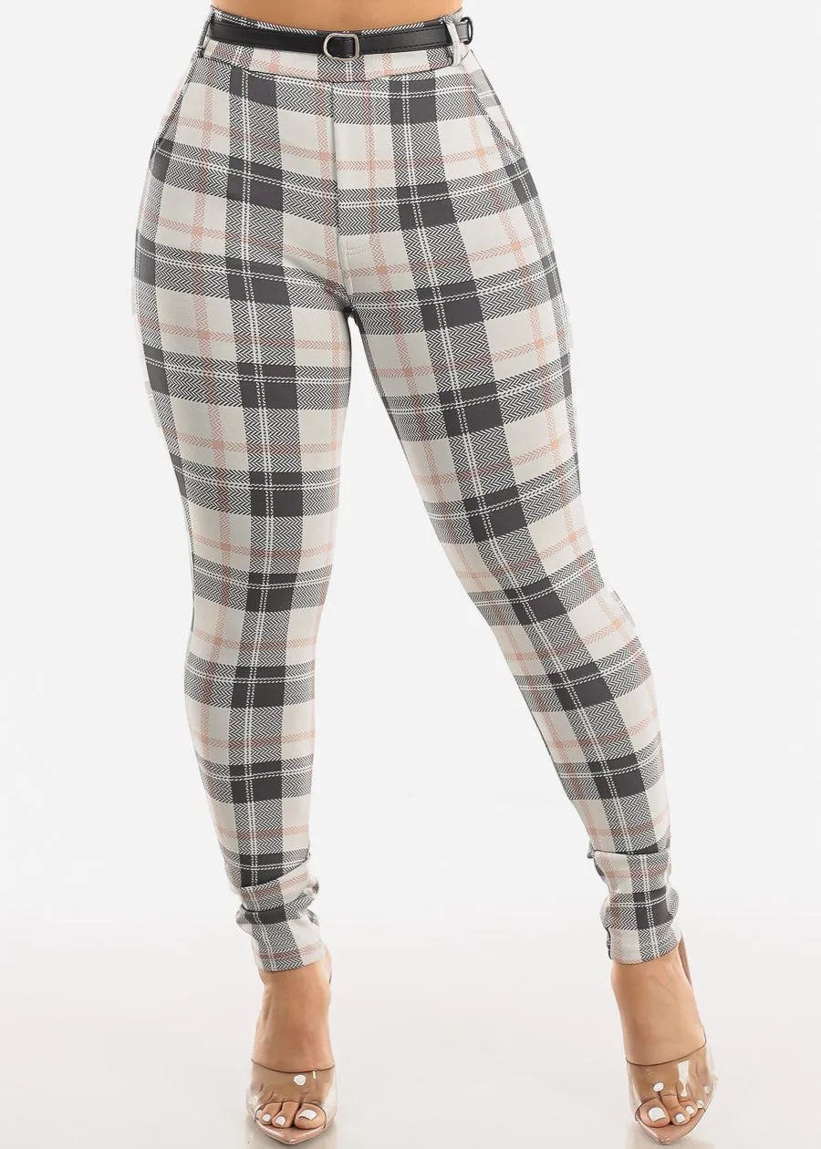 Butt Lifting Plaid Skinny Pants Ivory w Belt sold by Moda product image thumbnail 5
