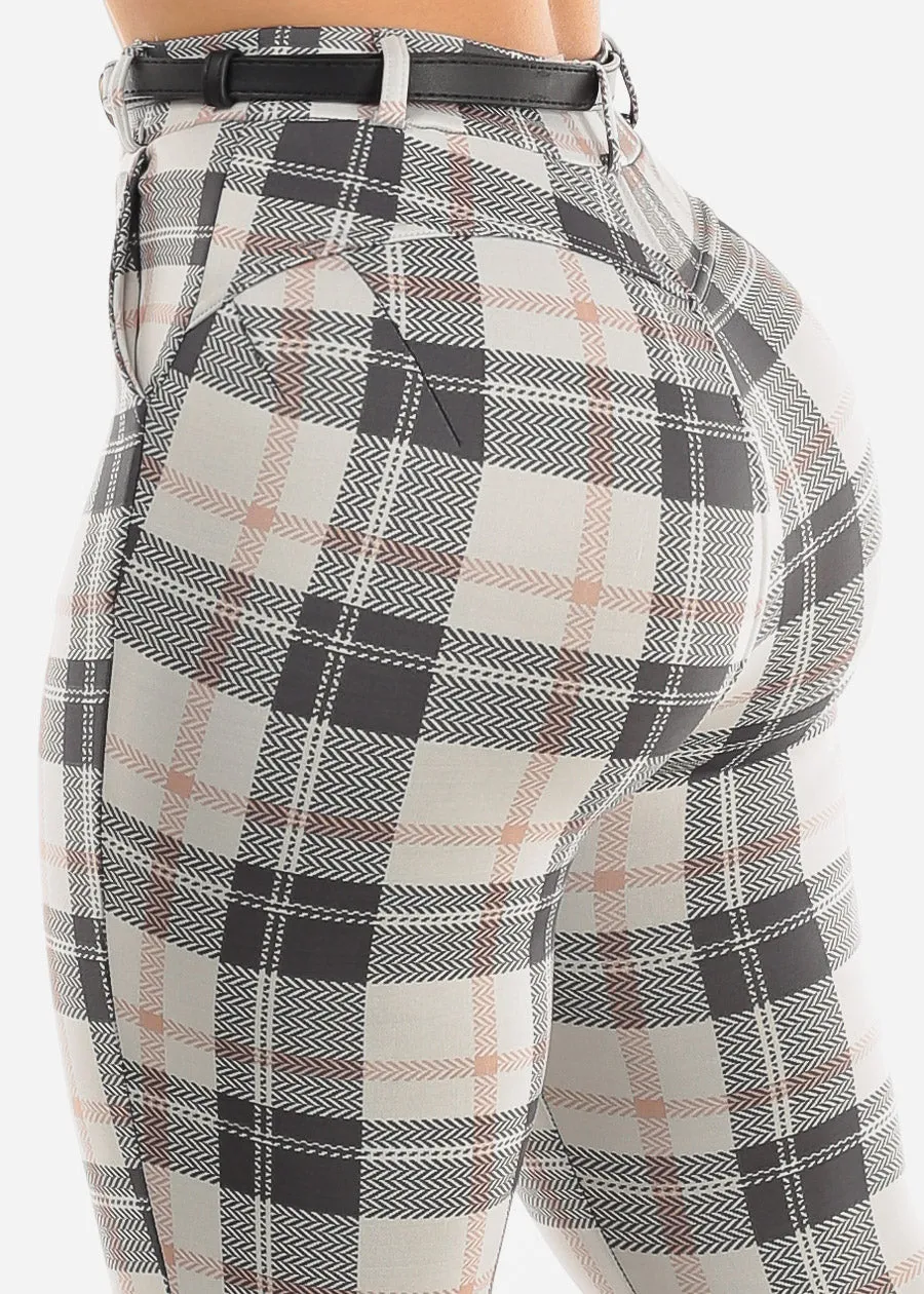 Butt Lifting Plaid Skinny Pants Ivory w Belt sold by Moda