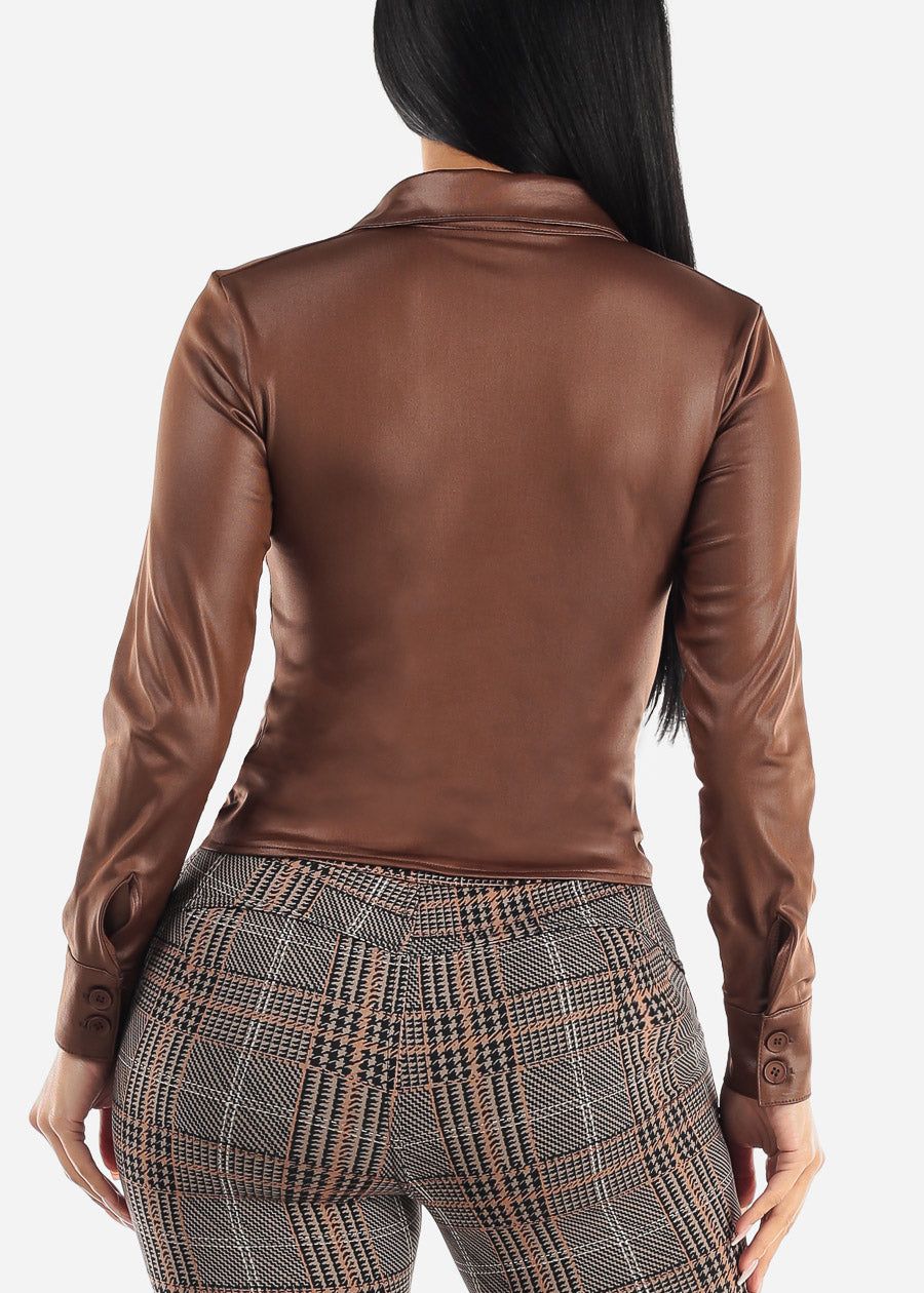 Faux Leather Long Sleeve Button Down Ruched Blouse Brown sold by Moda product image thumbnail 4