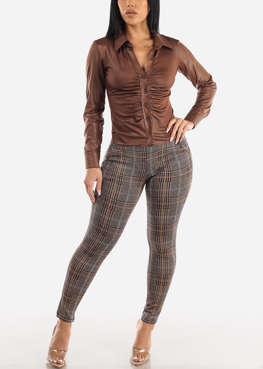 Faux Leather Long Sleeve Button Down Ruched Blouse Brown sold by Moda product image thumbnail 2