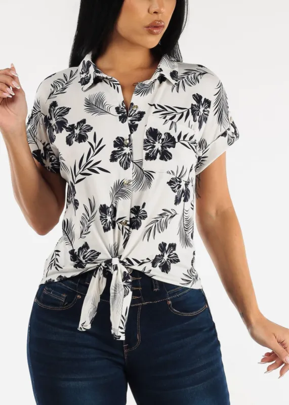 Short Sleeve Tie Front Button Up Floral Shirt White sold by Moda