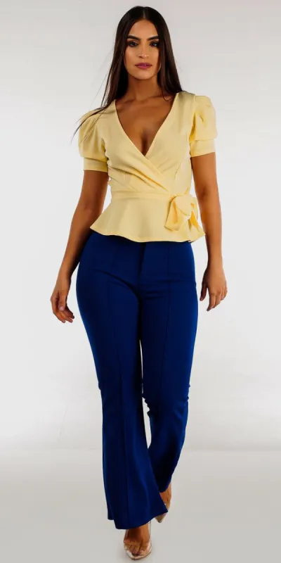 High Waist Wide Leg Blue Flare Dress Pants Short Sleeve Yellow Peplum Top sold by Moda