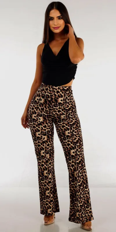 High Rise Animal Print Flared Pants with Black Sleeveless Cowl Neck Top sold by Moda