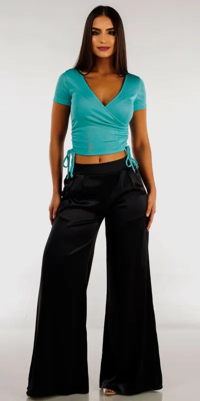 Black Wide Legged Satin Pants with Short Sleeve Surplice Aqua Top sold by Moda