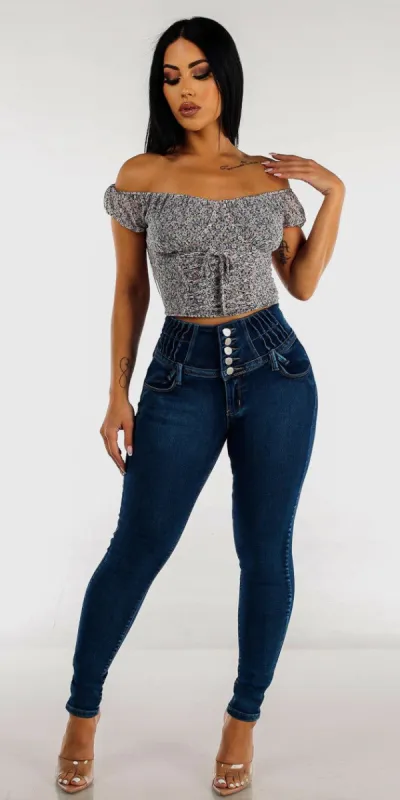 Super High Rise Butt Lift Skinny Jeans with Off Shoulder Lace Up Floral Crop Top sold by Moda