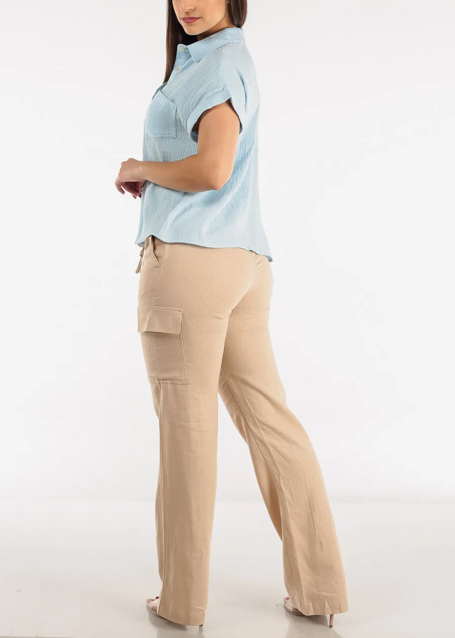 Khaki High Waist Straight Leg Linen Cargo Pants sold by Moda product image thumbnail 5