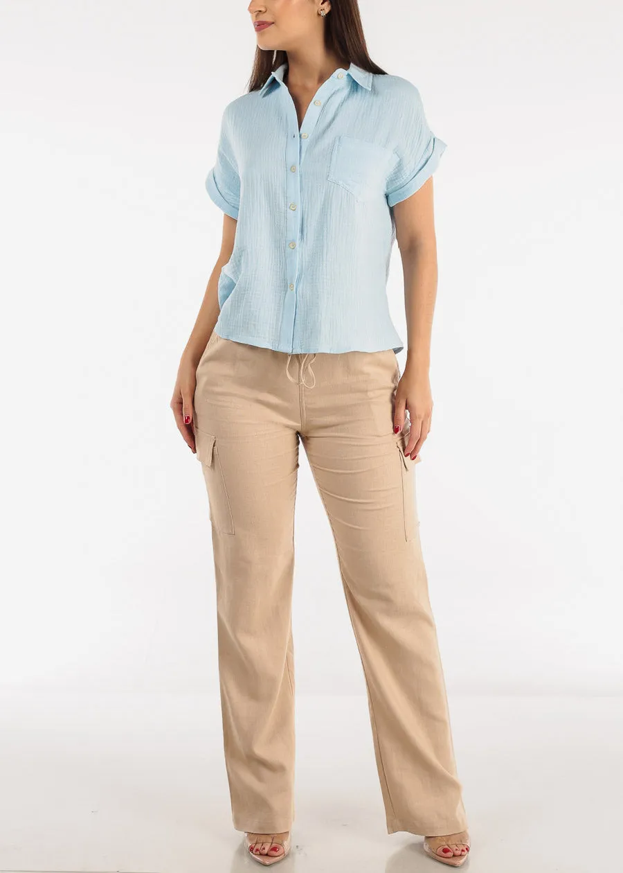 Khaki High Waist Straight Leg Linen Cargo Pants sold by Moda product image thumbnail 2