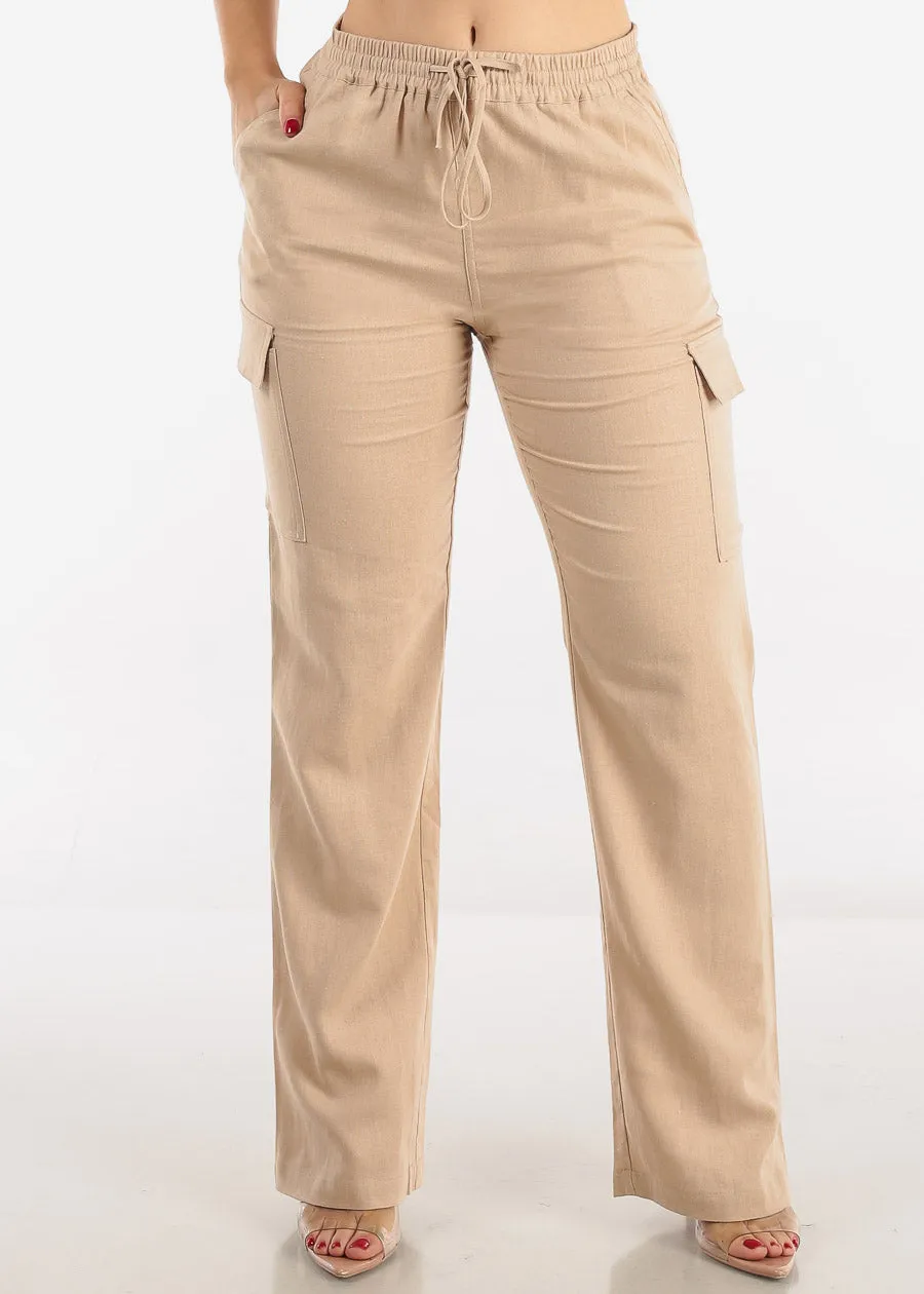 Khaki High Waist Straight Leg Linen Cargo Pants sold by Moda