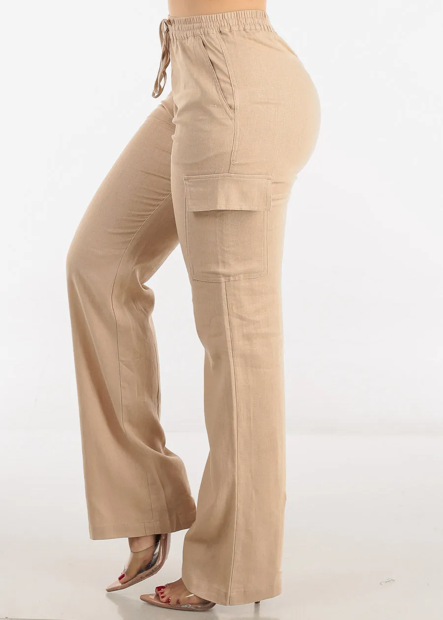 Khaki High Waist Straight Leg Linen Cargo Pants sold by Moda product image thumbnail 3