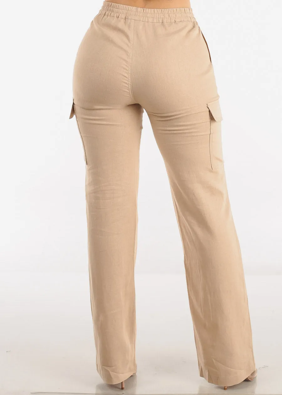 Khaki High Waist Straight Leg Linen Cargo Pants sold by Moda product image thumbnail 4