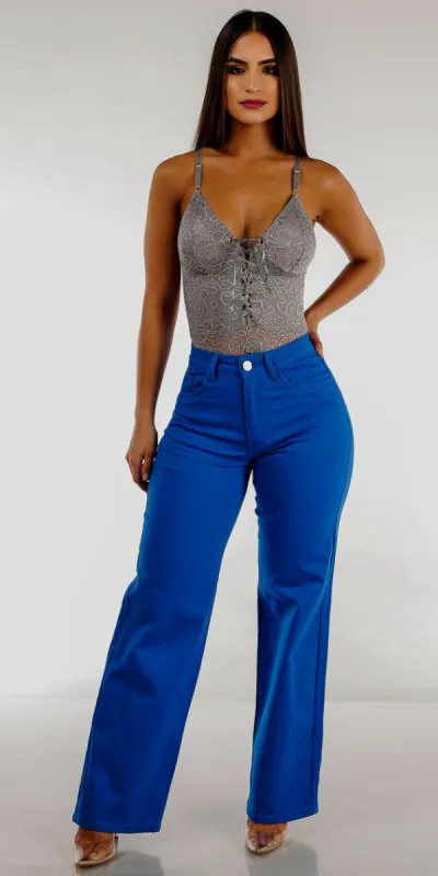 Wide Leg Straight Jeans with Sleeveless Lace Up Lace Bodysuit Grey sold by Moda