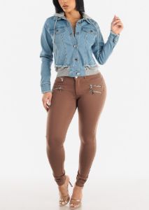 Super Stretch Hooded Button Up Light Denim Jacket sold by Moda